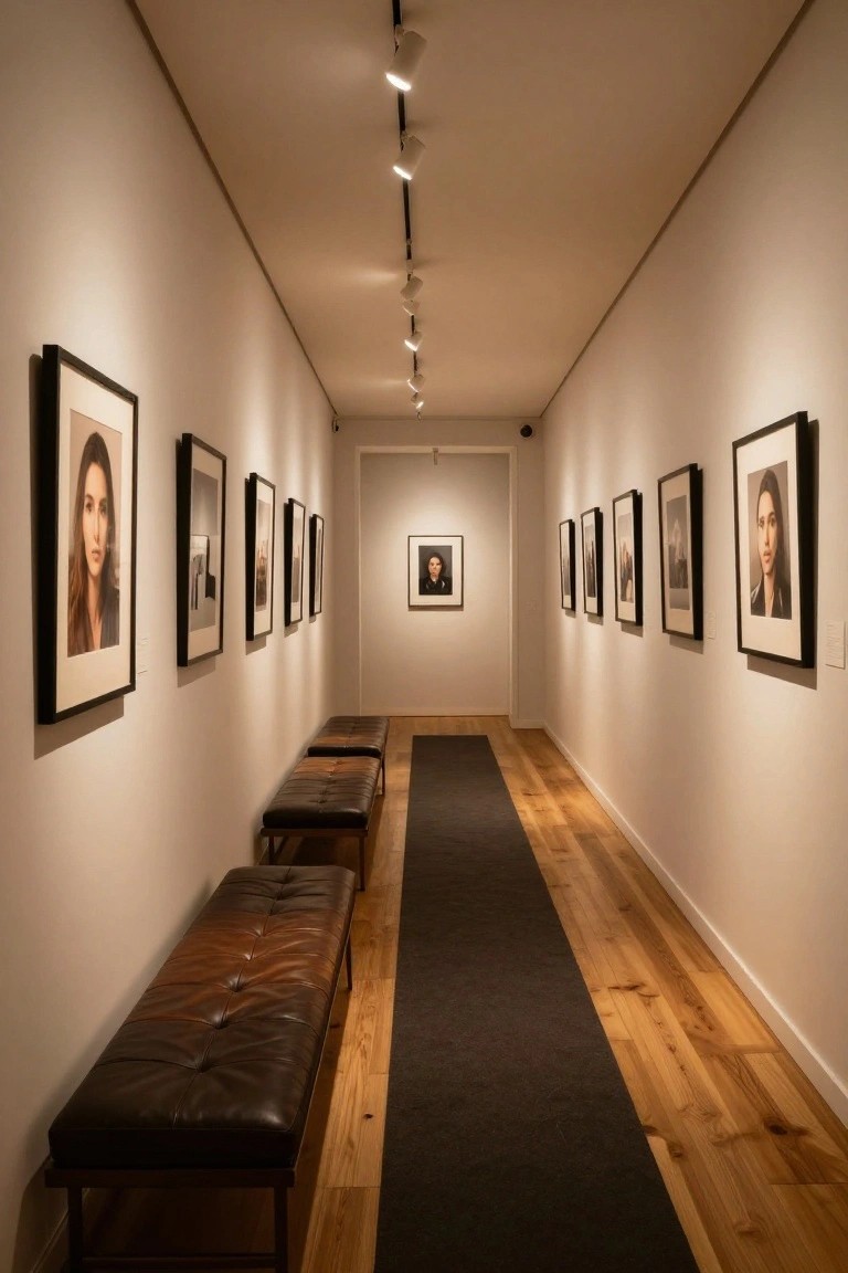 Long narrow interior hallway with white walls displaying black-framed portraits, overhead track lighting with spotlights, three brown leather benches, dark carpet runner on light wood floors.