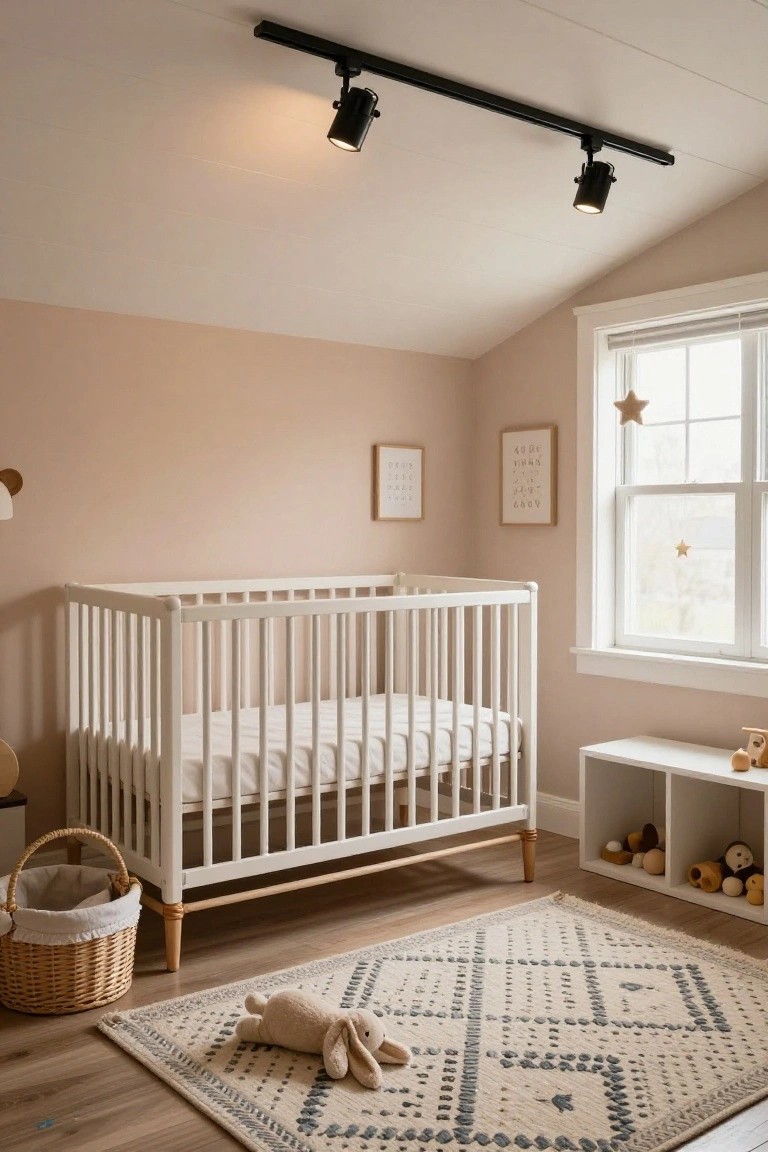 Beige nursery room featuring a white crib, black track lighting with spotlights on a vaulted ceiling, wooden toys on white shelves, a wicker basket, and a stuffed bunny on a patterned rug.