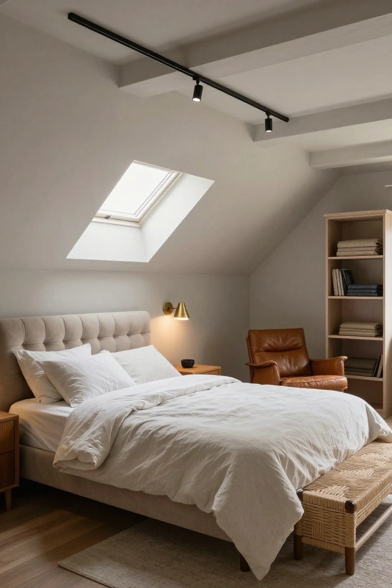 Bedroom with vaulted ceiling and black track lighting with spotlights, beige upholstered bed with white linens, wooden nightstand, brown leather armchair, oak bookshelf, rattan bench, and skylight.