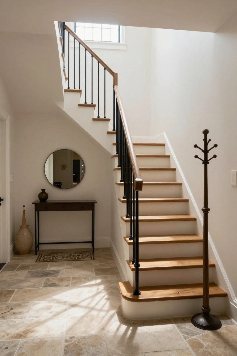 Interior photo of a bright entryway foyer with light wood stairs, black metal railings, white walls, a round mirror and console table with vases on one side, a tall coat rack, and light-colored travertine tile floor.
