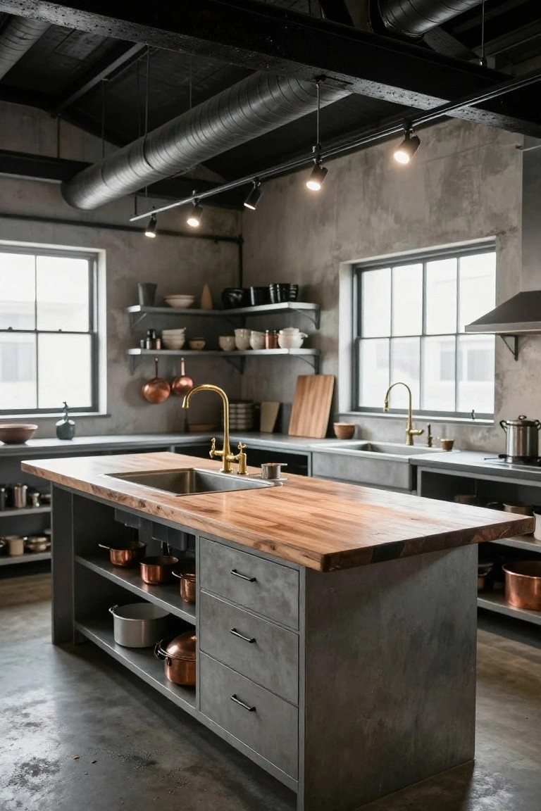 Industrial kitchen with gray concrete island topped by wood countertop and sink, brass faucet, copper cookware on open shelves, and black track lighting with spotlights on exposed ductwork ceiling.
