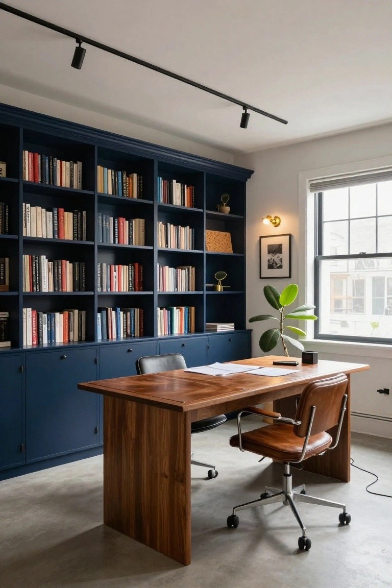 Home office with navy blue built-in bookshelves filled with books, wooden desk, two leather chairs, black track lighting on white ceiling, wall lamp, potted plant by window, and gray roller shade.