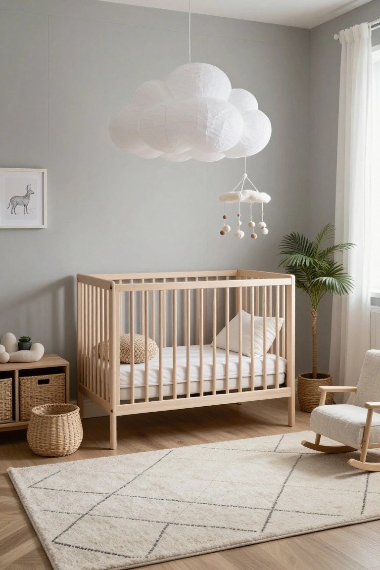 A nursery with light gray walls featuring a large white cloud-shaped paper lantern pendant light hanging above a wooden crib, accompanied by a mobile, rocking chair, potted palm plant, woven baskets, and a light rug on wood floors.
