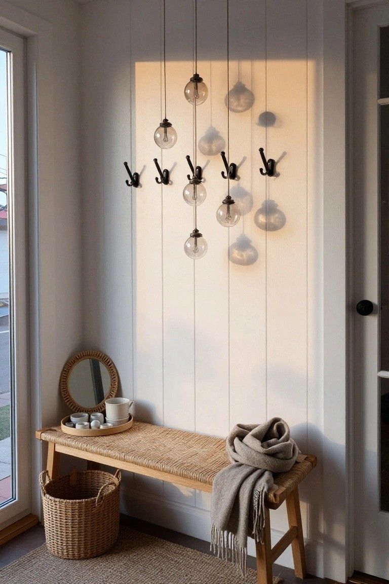 White paneled interior corner with multiple hanging clear glass globe pendant lights casting shadows on the wall, black coat hooks mounted below, rattan bench with gray scarf and tray nearby, round rattan mirror, and wicker basket on the floor.
