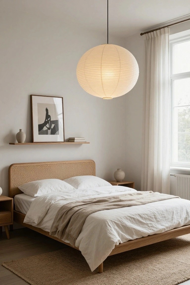 A bedroom interior featuring a large white paper lantern pendant light suspended over a bed with rattan headboard, white linens, wooden nightstands, a floating shelf with art and vase, and a window with sheer curtains.