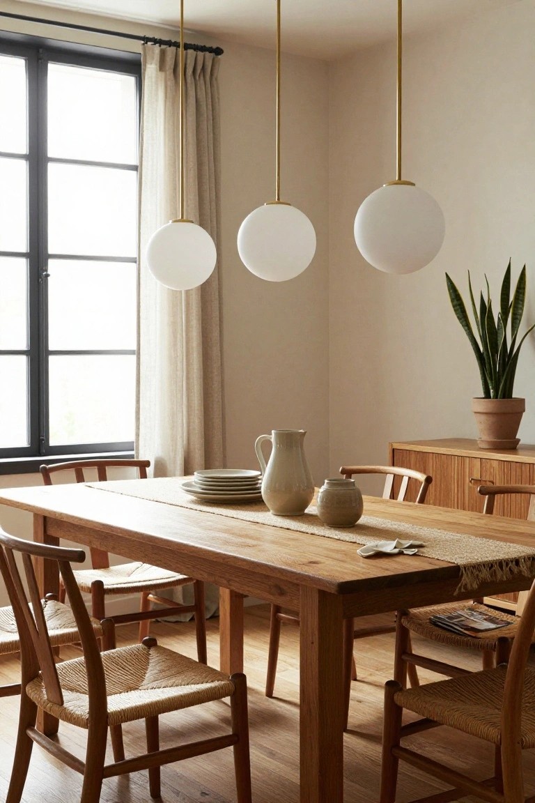 Dining room with long wooden table, rush-seated wooden chairs, three white spherical pendant lights hanging from gold stems above the table, beige walls, large black-framed window with beige curtains, wooden sideboard with white pottery and potted snake plant.