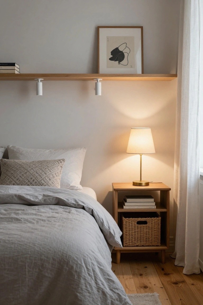 Bedroom with white linen bed, wooden nightstand topped with brass lamp, books, and wicker basket below, oak floating shelf holding books and abstract print with two white cylindrical wall lights mounted underneath, sheer white curtains, and light wood floor.