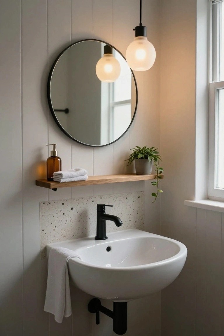 Minimalist bathroom corner with white shiplap walls, round black-framed mirror, wooden shelf holding soap dispenser towels and potted plant, white wall-mounted sink with black faucet, and two frosted glass globe pendant lights hanging from black cords.