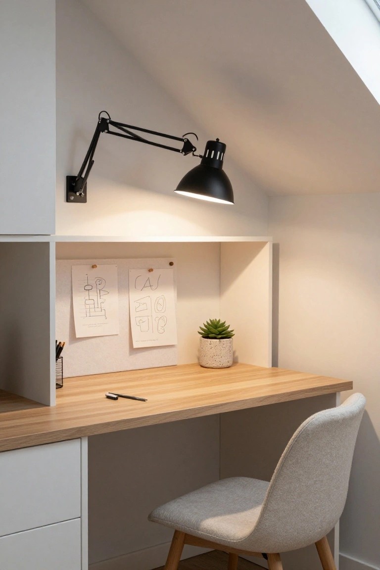 Minimalist workspace nook under sloped white ceiling with built-in white cabinets, light wood desk top, gray fabric chair on wooden legs, black wall-mounted adjustable arm lamp, pinned paper sketches on fabric board, pencils in holder, and potted succulent plant.