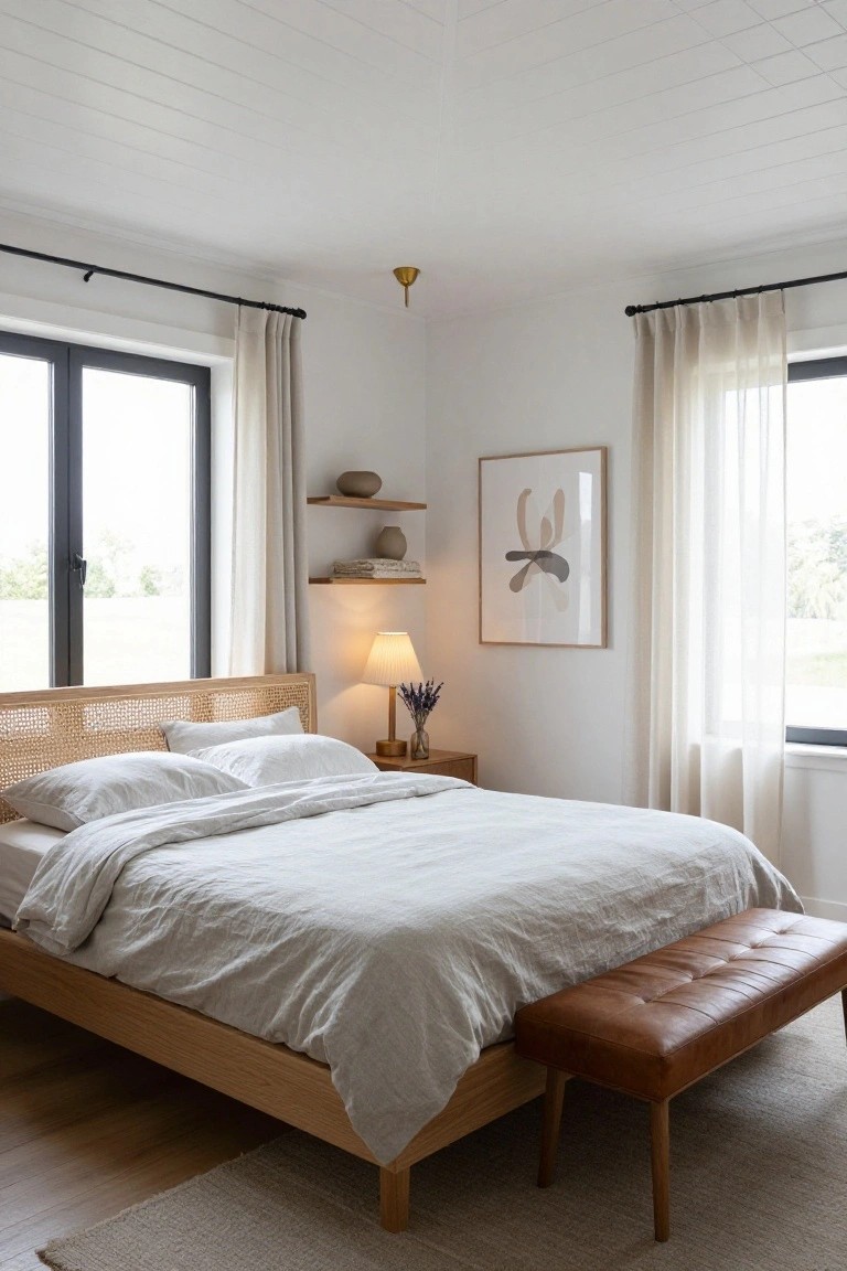 White bedroom with vaulted ceiling, brass cone pendant light hanging centrally, rattan headboard bed with white linens and pillows, sheer curtains on black-framed windows, wooden shelves with ceramics, bedside lamp, and tan leather bench at bed foot on light wood floors.