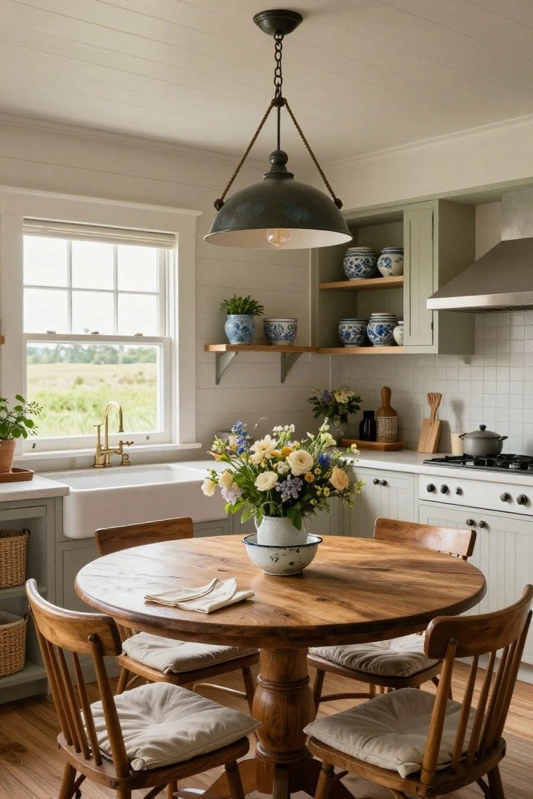 Kitchen interior with shiplap walls and ceiling, green cabinets, white subway tile backsplash, farmhouse sink, round wooden pedestal table with four chairs and cushions, blue and white ceramic jars on open shelves, black chain-suspended pendant light overhead, and window view of fields.