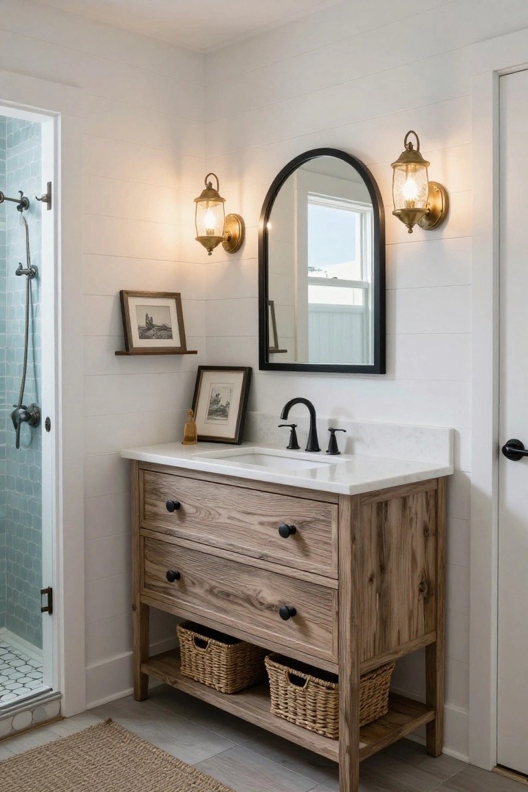 Bathroom vanity featuring a light wood dresser with white quartz top, black arched mirror flanked by two brass lantern wall sconces, framed artwork nearby, and a teal subway tile shower enclosure with glass door.