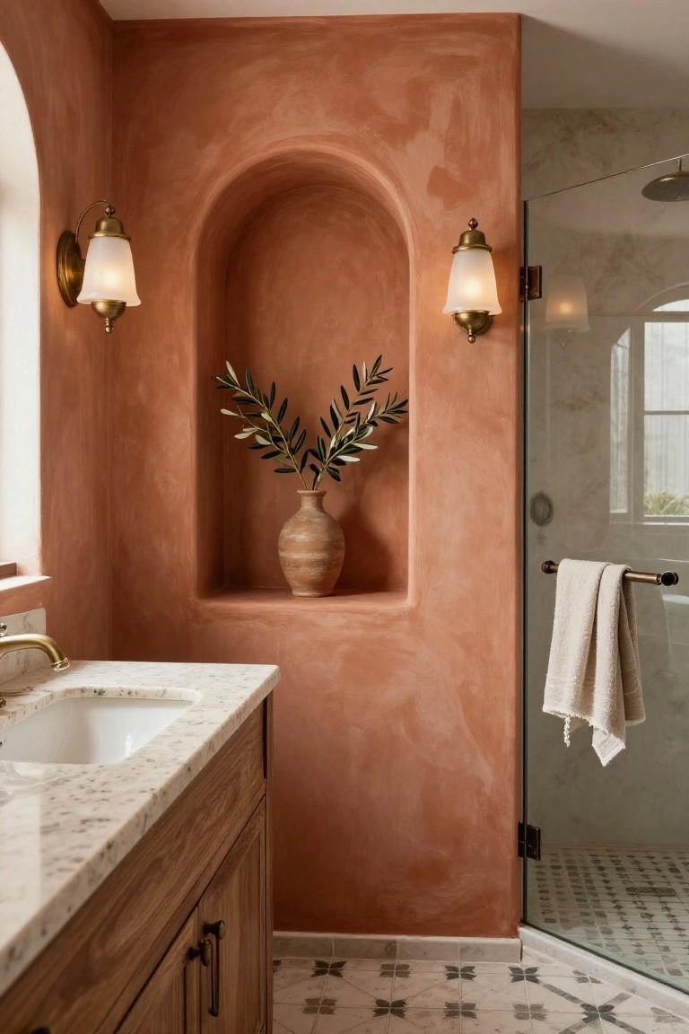 Bathroom corner with wooden vanity and white sink, terracotta arched wall niche holding olive branches in a terracotta vase, flanked by matching brass wall sconces with white shades, glass shower enclosure, and tiled floor.