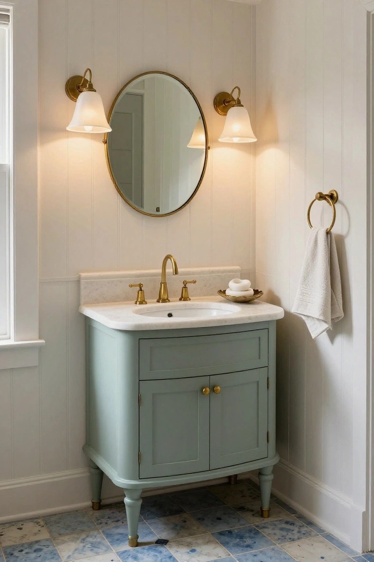 Vintage bathroom with sage green vanity, marble sink, brass fixtures, and round mirror.