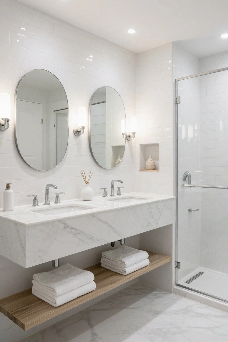 White tiled bathroom with floating marble vanity, two oval mirrors each flanked by wall sconces, stacked towels on wood shelf below, and glass shower enclosure.