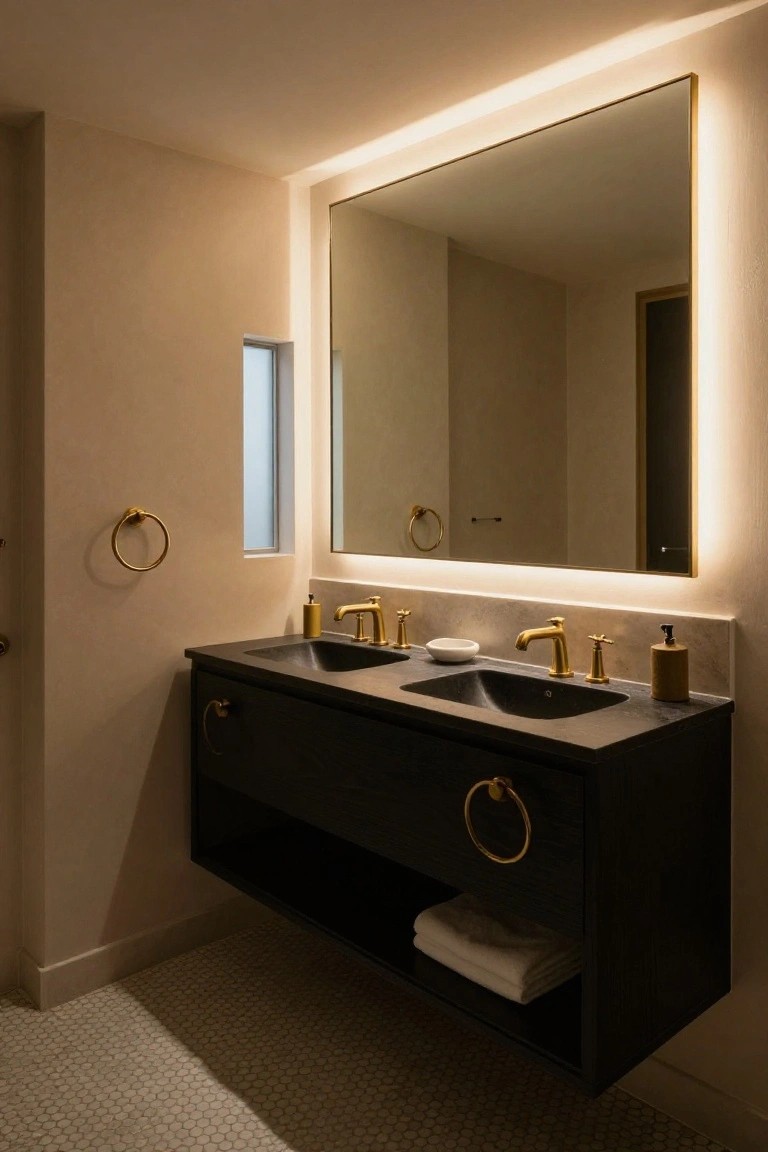 Modern bathroom with floating black vanity, two black sinks, gold faucets and towel rings, large rectangular mirror with gold frame and edge LED backlighting, beige walls, small window, and light-colored tile floor.
