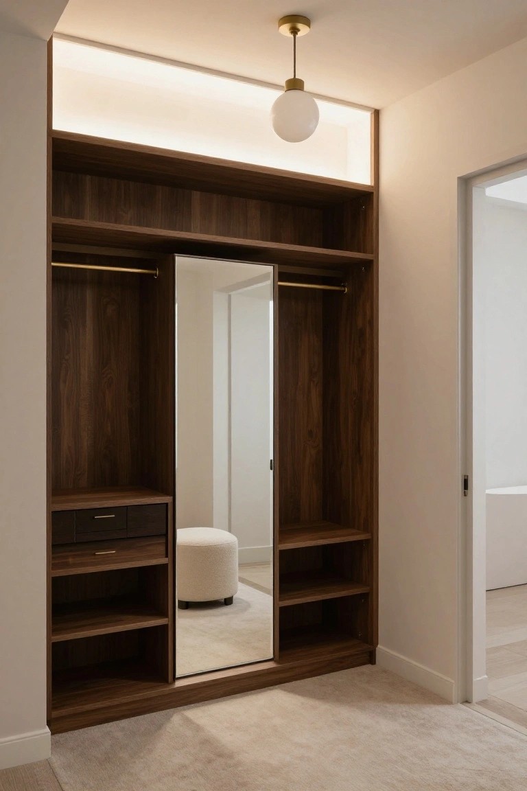 Walk-in closet featuring walnut wood cabinets with open shelves, hanging rods, a full-length mirror door, lower drawers, a cream pouf stool, gold pendant light, recessed cove lighting above, and an adjacent bathroom doorway on light wood floors.