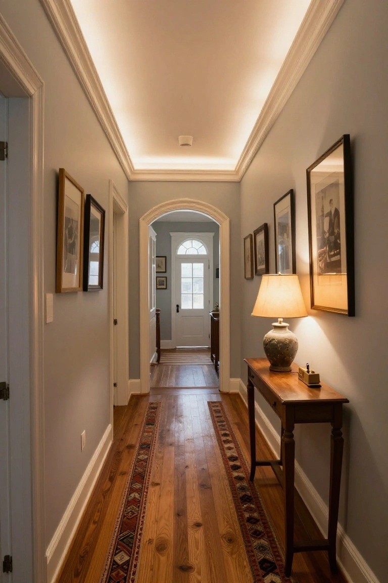 Long narrow interior hallway with light gray walls, white trim and arched doorway, heart pine wood floors with red and blue Oriental runner rug, wood console table holding ceramic lamp and small box, black and white framed photos on walls, and continuous recessed white LED cove lighting along the ceiling edge leading toward a white front door with sidelights.