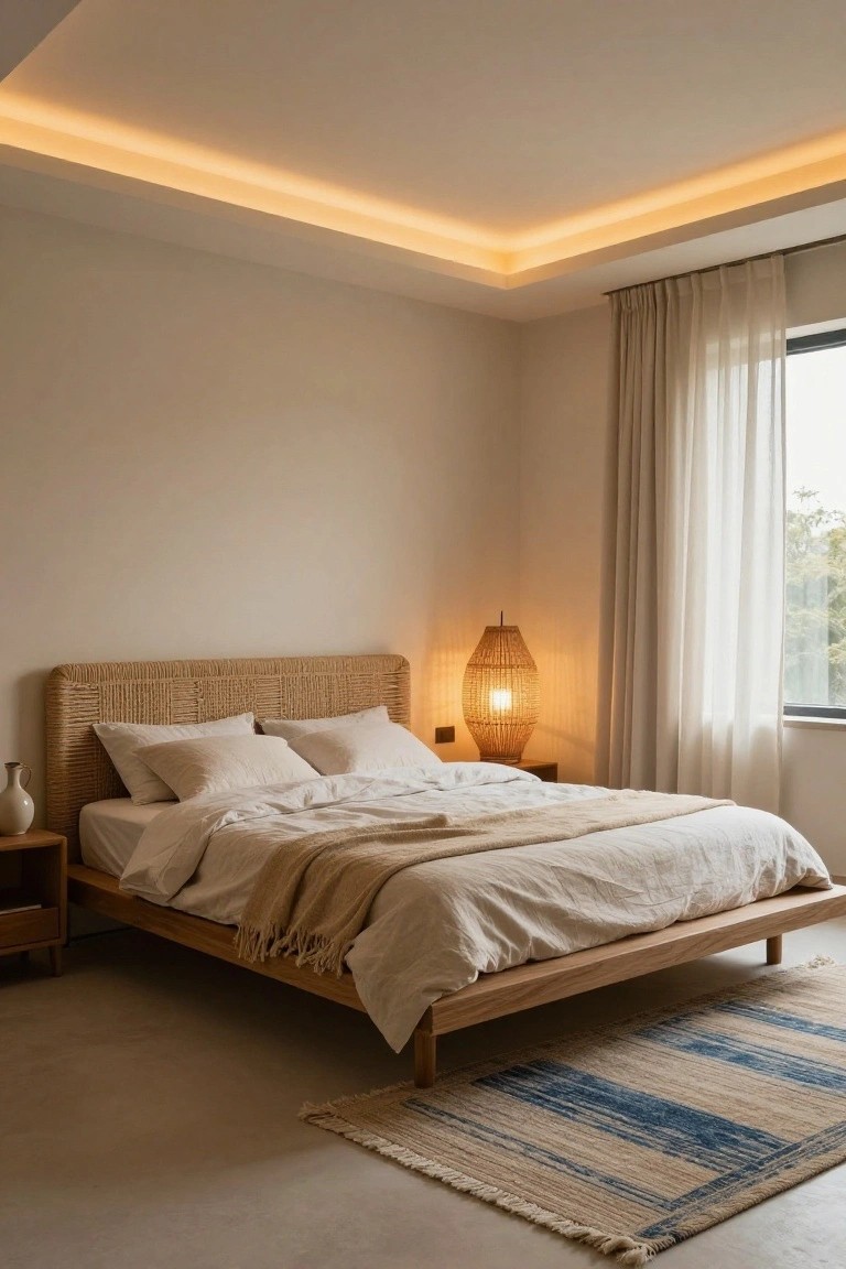 Bedroom with rattan headboard on wooden platform bed, white and beige linens, wooden nightstand holding vase and lamp, sheer curtains on large window, striped rug on concrete floor, and warm recessed LED strip lighting in ceiling cove.