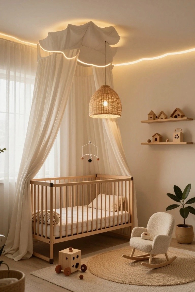 A nursery room with white fabric draped as a drop ceiling edged in warm yellow LED strip lights, wooden crib under sheer canopy, rattan pendant lamp, wooden toy shelves, rocking chair, and wooden toys on the floor.