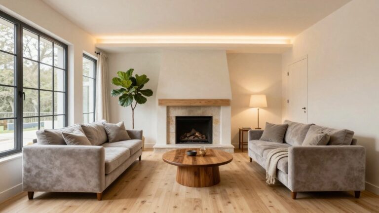 18 Clever Drop Ceiling Lighting Ideas For Instant Warmth A modern living room with pale beige walls, light oak floors, beige sofa on a cream rug, round wooden coffee table, tall fiddle leaf fig plant, minimalist stone fireplace with wood fire, sheer curtains on black-framed windows showing trees outside, and thin LED strips recessed in the ceiling edge emitting soft upward light.