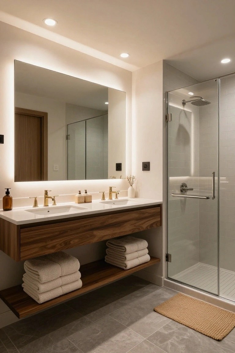 Modern bathroom with floating walnut double vanity, two gold faucets, backlit rectangular mirror, glass shower enclosure, recessed ceiling lights, and light gray tile floor with woven rug.