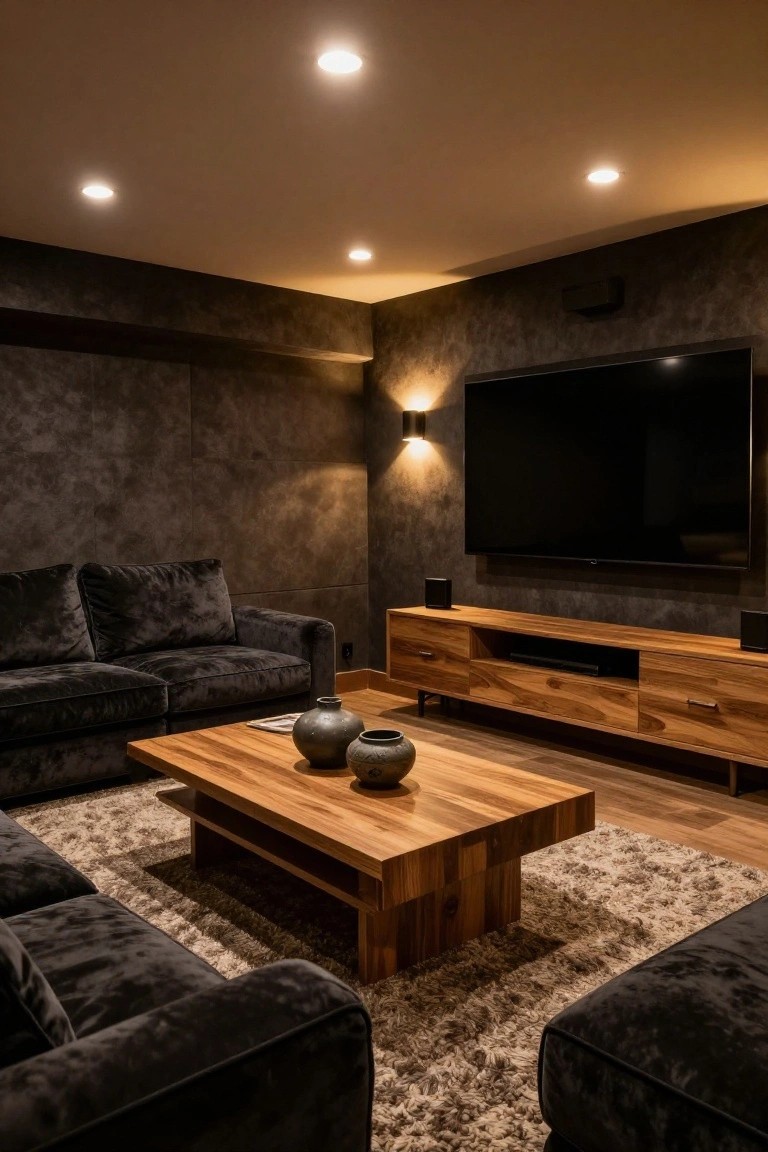 Modern media room with dark gray textured walls, large wall-mounted TV, wooden media console and coffee table, L-shaped gray velvet sofa, ceramic vases, and multiple recessed ceiling lights with warm glow.