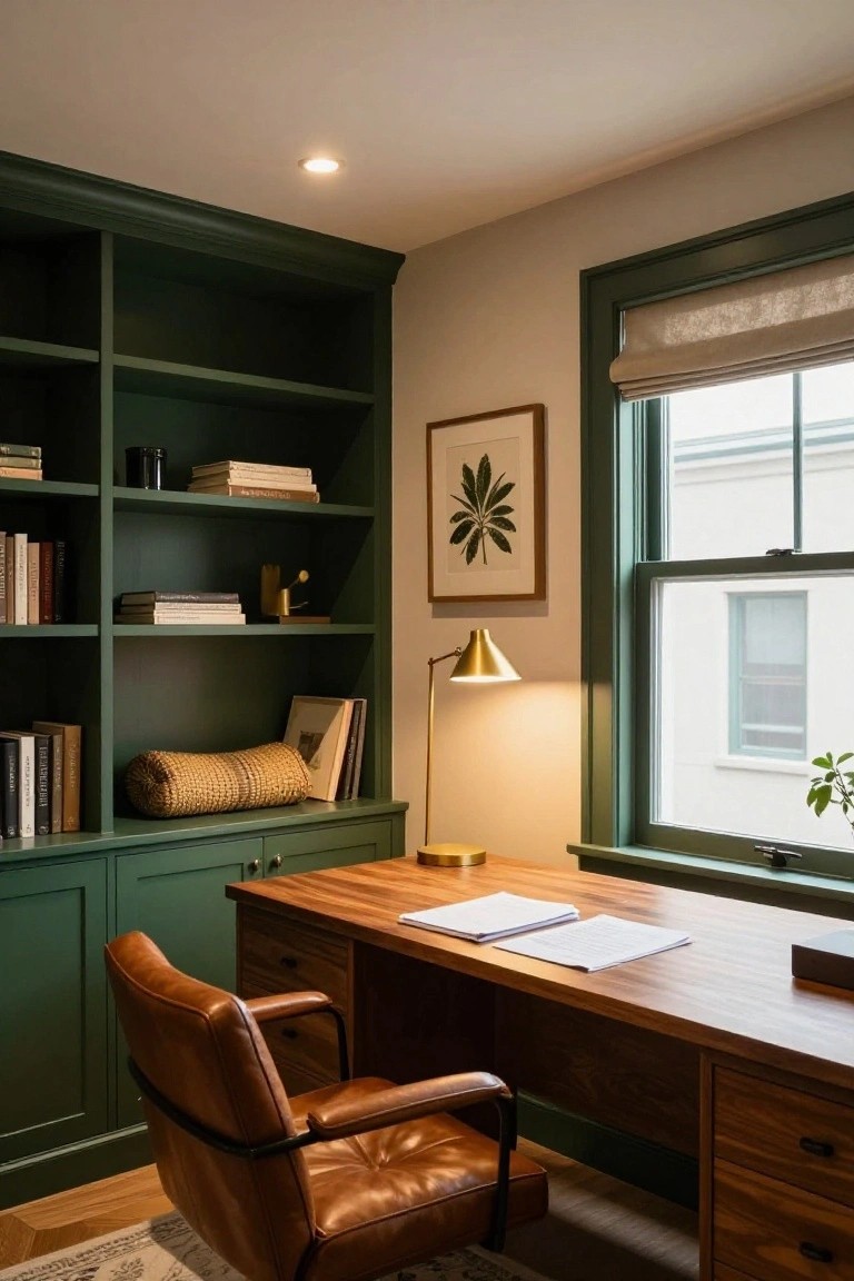 Home office interior with dark green built-in bookshelves and cabinets, wooden desk with papers and brass lamp, brown leather chair, artwork on wall, and lit recessed ceiling light near a green-framed window with linen shade.