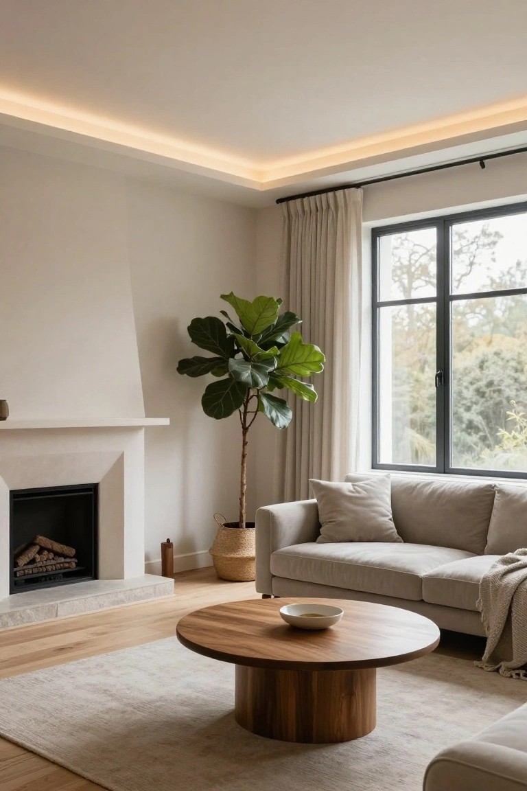 A modern living room with pale beige walls, light oak floors, beige sofa on a cream rug, round wooden coffee table, tall fiddle leaf fig plant, minimalist stone fireplace with wood fire, sheer curtains on black-framed windows showing trees outside, and thin LED strips recessed in the ceiling edge emitting soft upward light.