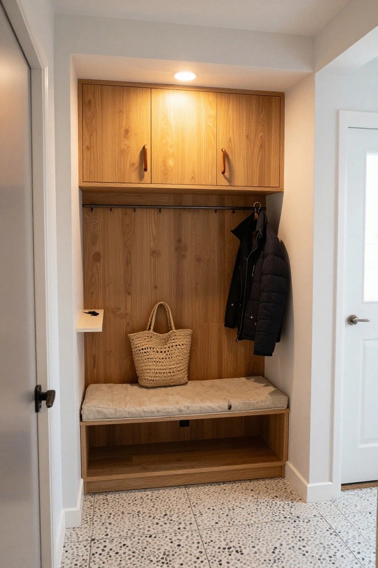 Wooden built-in mudroom with upper cabinets, coat hooks holding a black puffer jacket, wicker bag on shelf, cushioned bench, recessed ceiling light above, white walls, and speckled tile floor.
