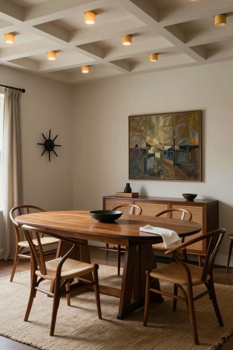 Dining room with coffered ceiling and multiple recessed canister lights, oval wooden table with rattan chairs, credenza with black bowl and vase, abstract painting on wall, and window with sheer curtain.