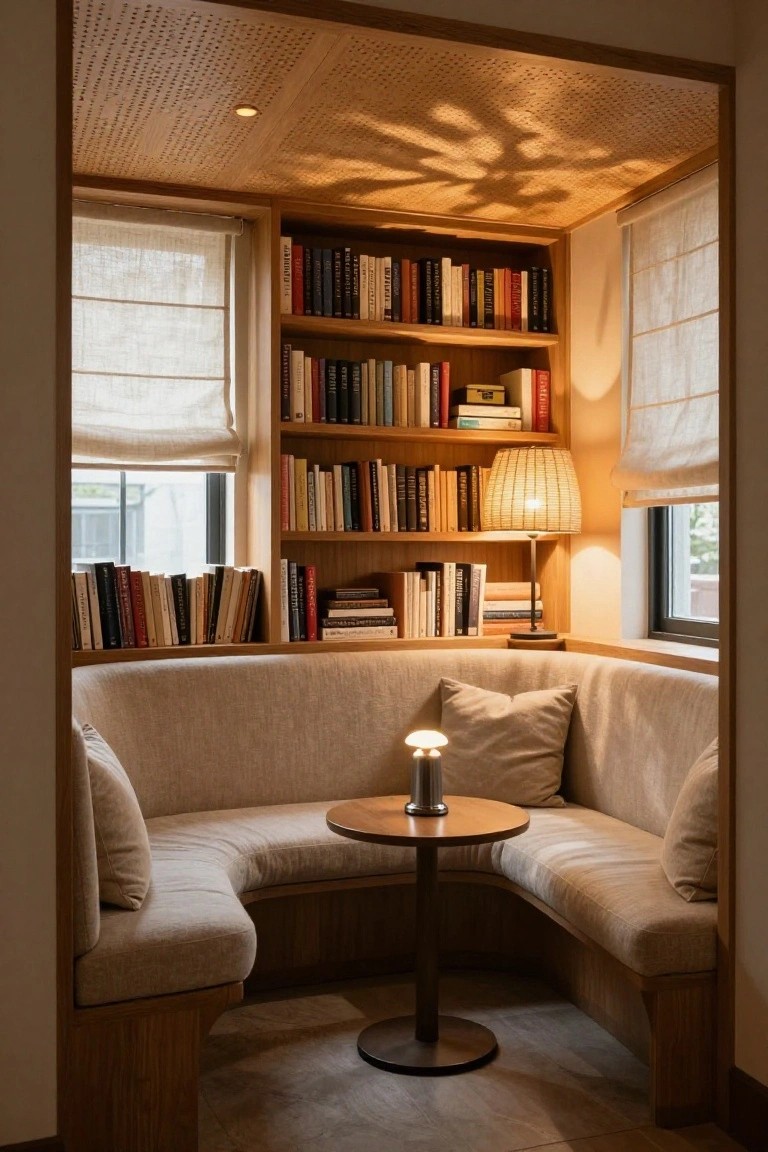 Cozy indoor reading nook featuring wooden bookshelves filled with books, curved beige bench seating around a small wooden table with a modern lamp, linen curtains on two windows, and a slatted wooden drop ceiling with recessed lighting creating starburst shadow patterns.