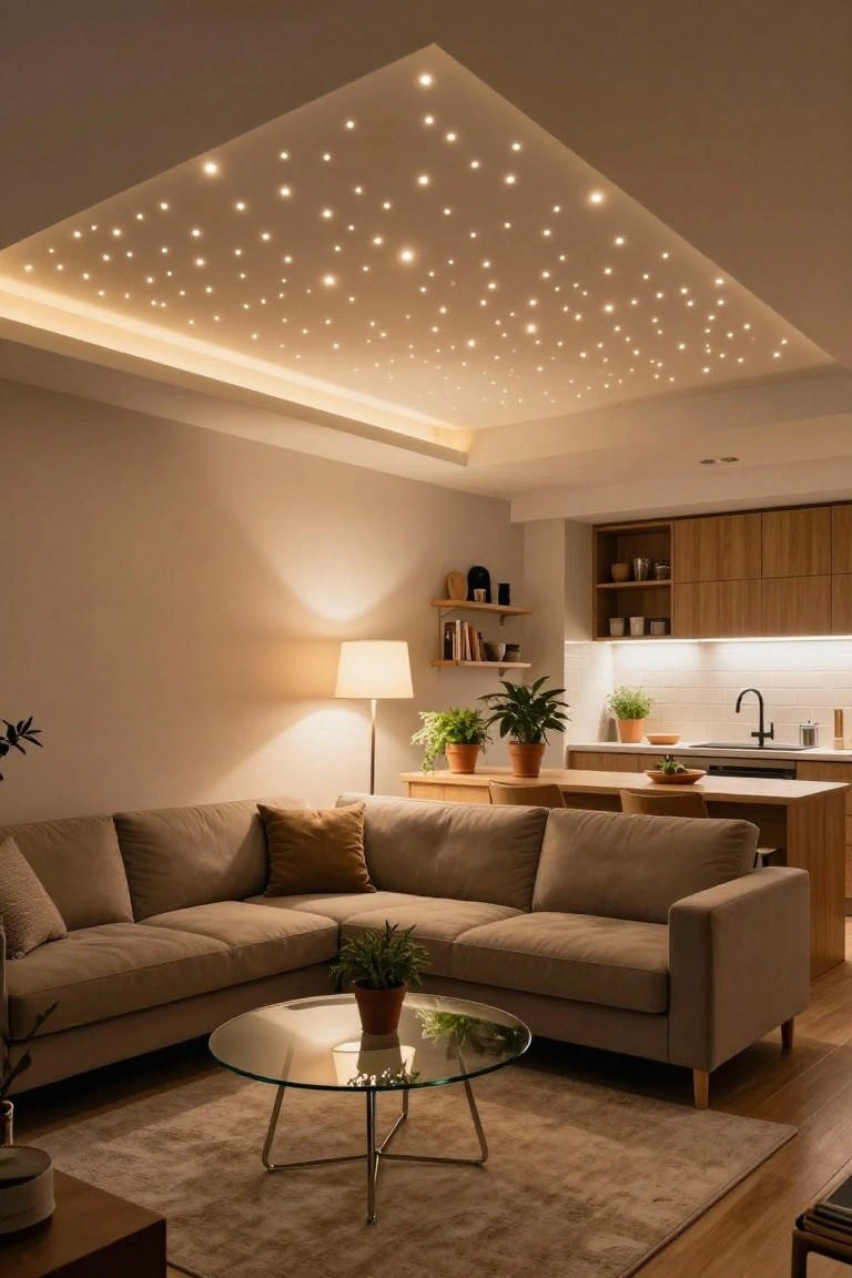 Modern indoor living room and kitchen area with a drop ceiling featuring hundreds of small white LED lights mimicking stars, beige L-shaped sofa, glass coffee table, potted plants, wooden cabinets, and a floor lamp.