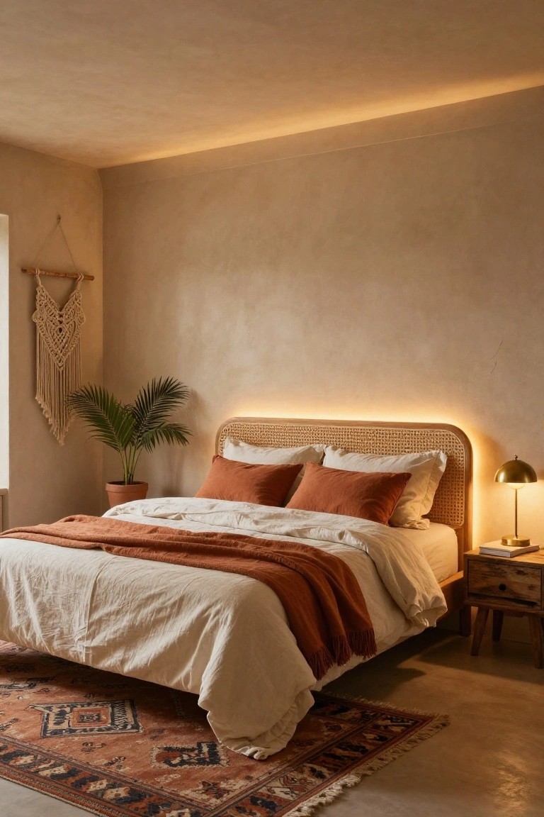 Bedroom interior featuring beige textured walls, rattan headboard bed with white sheets orange pillows and throws, potted palm plant, macrame hanging, gold lamp on wooden bedside table, woven orange rug on concrete floor, and warm LED strip lighting along ceiling perimeter and behind headboard.