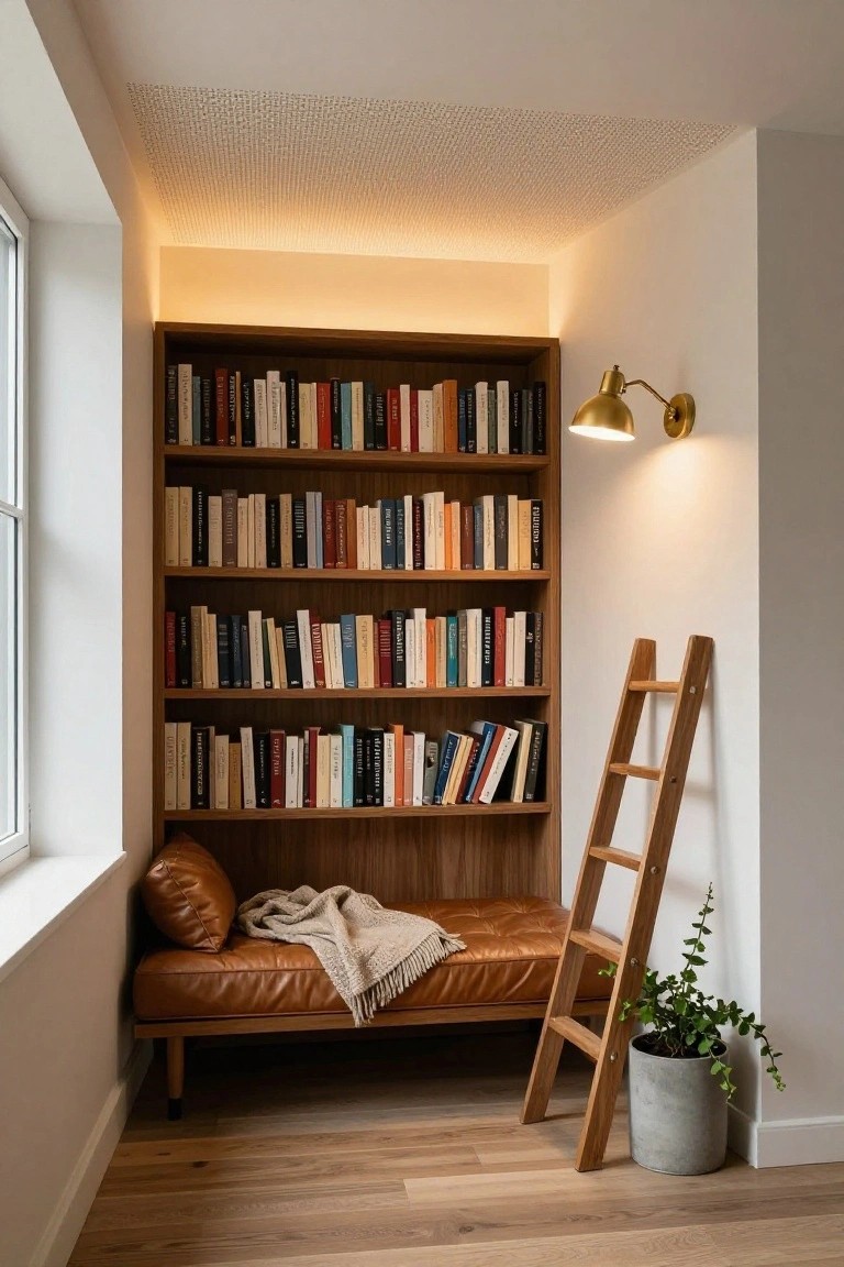 Modern interior library nook with tall wooden bookshelves filled with books, brown leather bench with throw blanket and pillow, wooden ladder leaning against shelves, potted plant in gray pot, gold wall sconce, warm edge lighting from drop ceiling, large window, and light wood floors.
