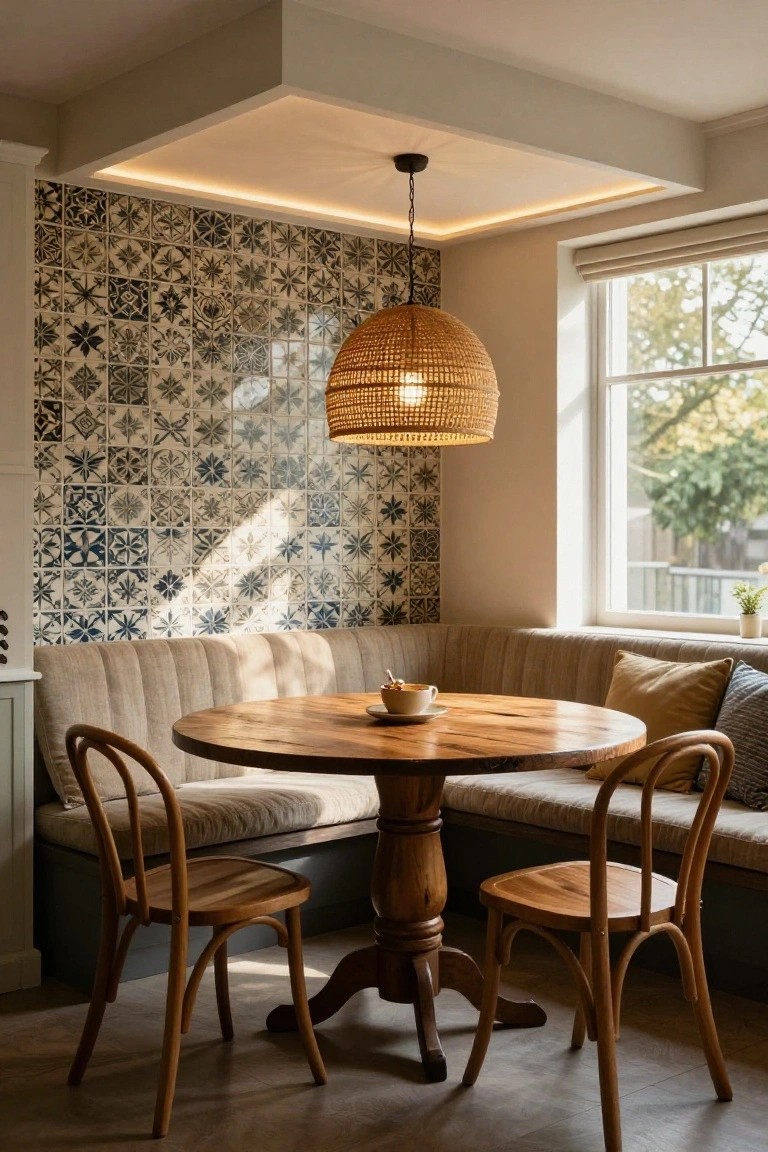 Kitchen nook with tufted beige bench seating, round wooden pedestal table, wooden chairs, blue patterned tile wall, woven pendant light from drop ceiling with edge LED strips, and window with blinds.