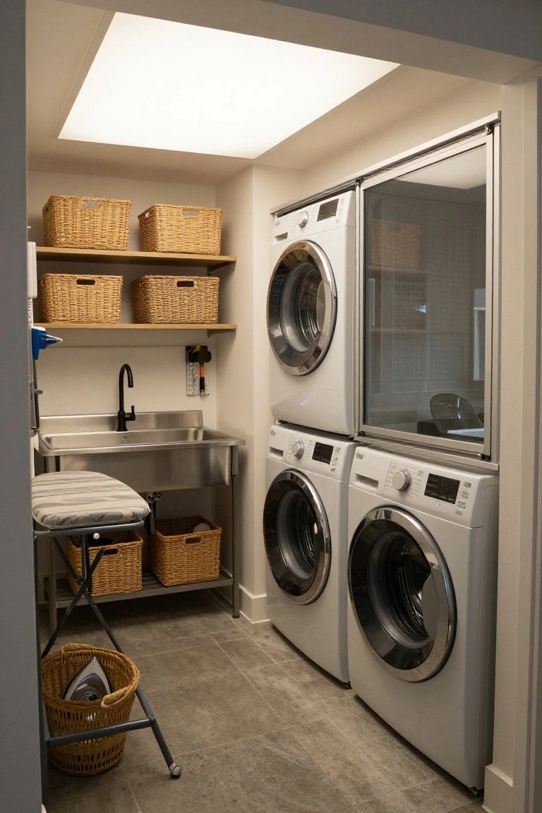 Compact indoor laundry room with stacked white washer-dryer, stainless steel utility sink, wicker storage baskets, ironing board on wheels, and a glowing rectangular drop ceiling light panel overhead.