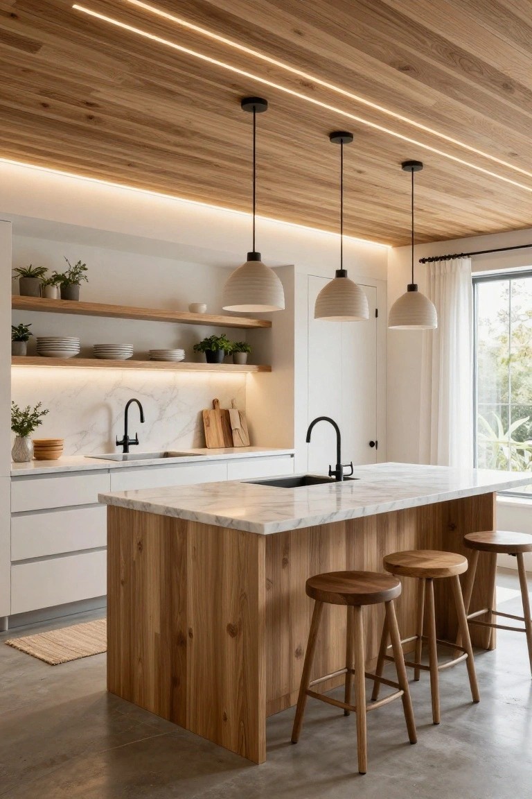 Kitchen interior with light wood plank ceiling featuring recessed linear LED strip lighting, white cabinets, marble backsplash and counters, wooden island with round stools, and three white pendant lights over the island.