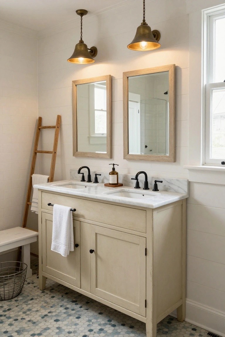 A cozy bathroom with a cream double vanity, white marble sinks, black faucets, two brass bell pendant lights hanging above, oak-framed mirrors, wooden ladder towel rack, and hexagonal blue-gray tile floor.