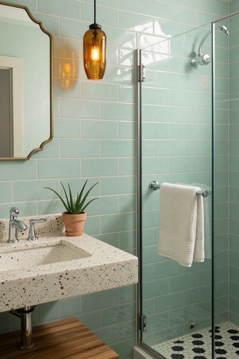 Mint green subway tile bathroom with floating white terrazzo sink, amber glass pendant light hanging above, potted aloe plant on counter, gold-framed mirror, and glass shower with black and white polka dot floor tiles.