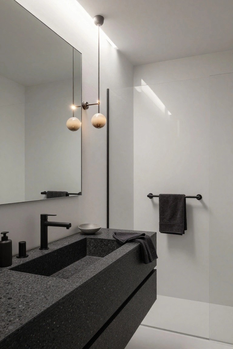 Minimalist bathroom interior with floating black stone vanity sink, matte black faucet and accessories, large vertical mirror, dual hanging blown-glass orb pendants on black metal rod, black towel bar with gray towels, and white-tiled shower wall.