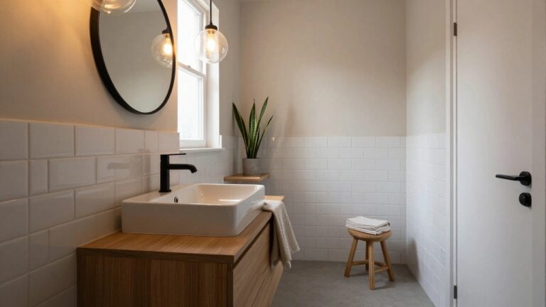 A bathroom with two hanging globe pendant lights with exposed bulbs above a white sink on a floating wooden vanity, round black mirror on the wall, potted snake plant near the window, white subway tile walls, black faucet, and gray mosaic tile floor.