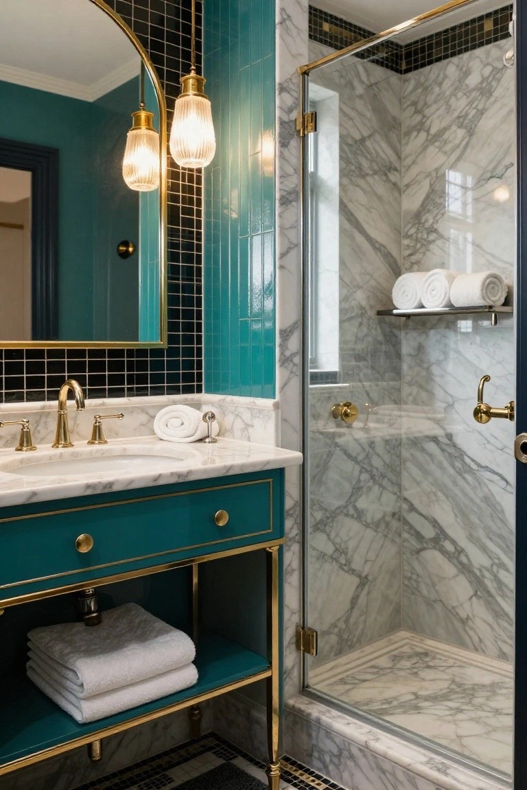 Teal and gold vanity with marble sink beside glass shower.