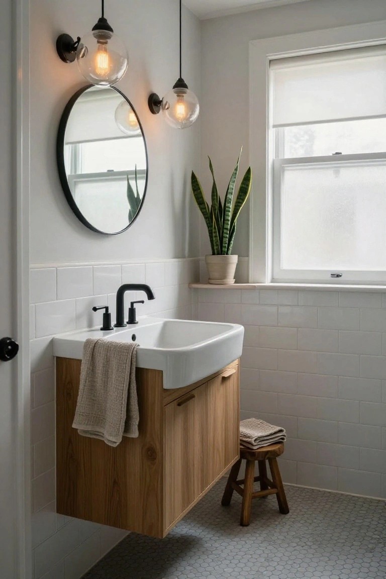 A bathroom with two hanging globe pendant lights with exposed bulbs above a white sink on a floating wooden vanity, round black mirror on the wall, potted snake plant near the window, white subway tile walls, black faucet, and gray mosaic tile floor.