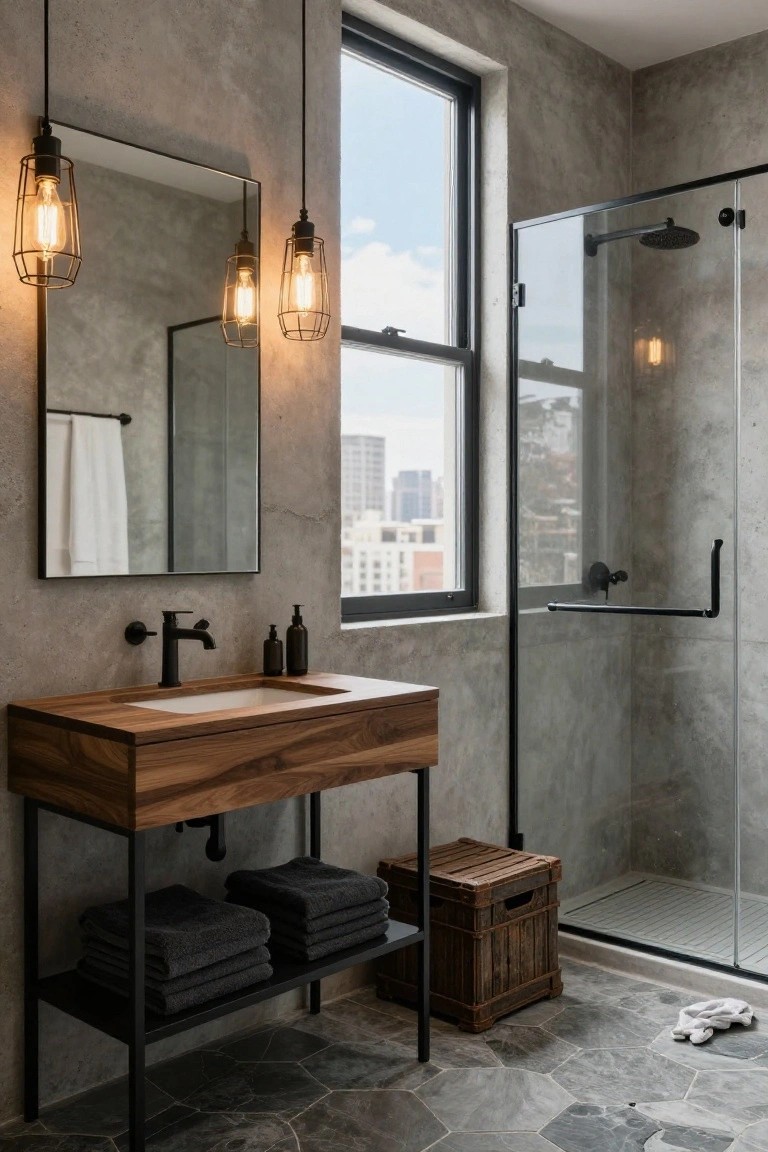 Modern bathroom with wooden vanity on black metal legs, hanging industrial pendant lights with exposed bulbs, glass shower enclosure, concrete walls, gray hexagonal floor tiles, and a large window with city view.