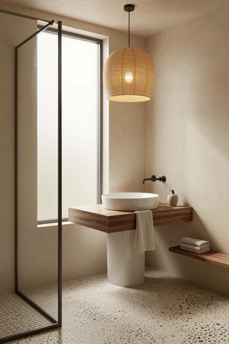 A minimalist beige bathroom with black metal shower enclosure next to a frosted window, wooden floating vanity holding a white vessel sink, rattan pendant light overhead, folded towels on a shelf, and pebble stone floor.