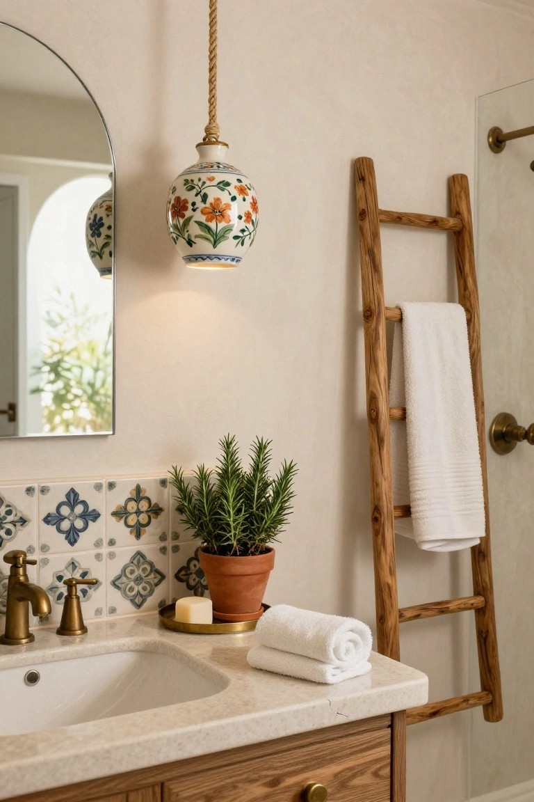 Bathroom vanity area with white undermount sink, brass faucet on blue patterned tiles, rosemary plant in terracotta pot, stacked white towels, wooden ladder towel rack with draped towel, and rope-suspended white porcelain pendant light with colorful floral designs.