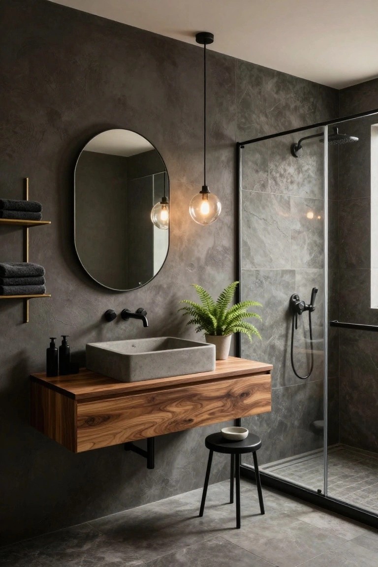 Modern bathroom interior with textured gray walls and floor tiles, floating wooden vanity holding a concrete sink, oval black-framed mirror, black pendant light with globe bulb, glass shower enclosure with black frame, potted fern plant, and black stool.