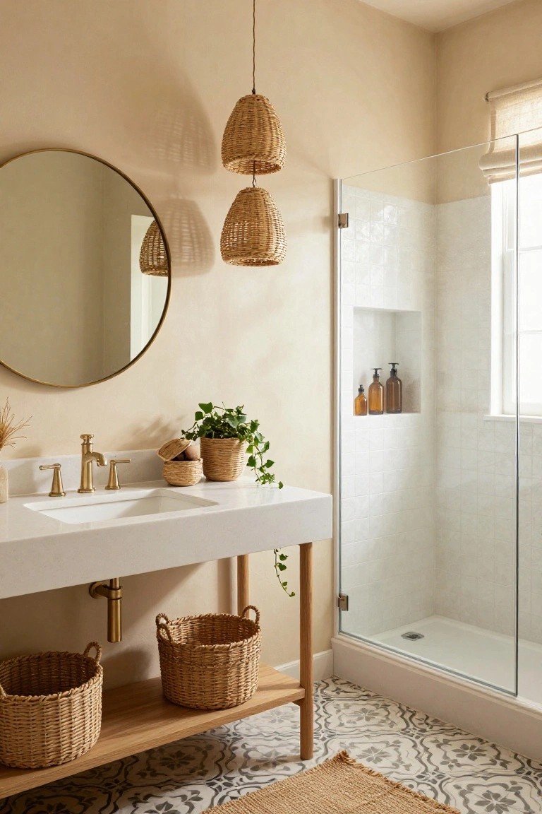 Modern bathroom with woven pendant lights, marble sink, and patterned tile floor.