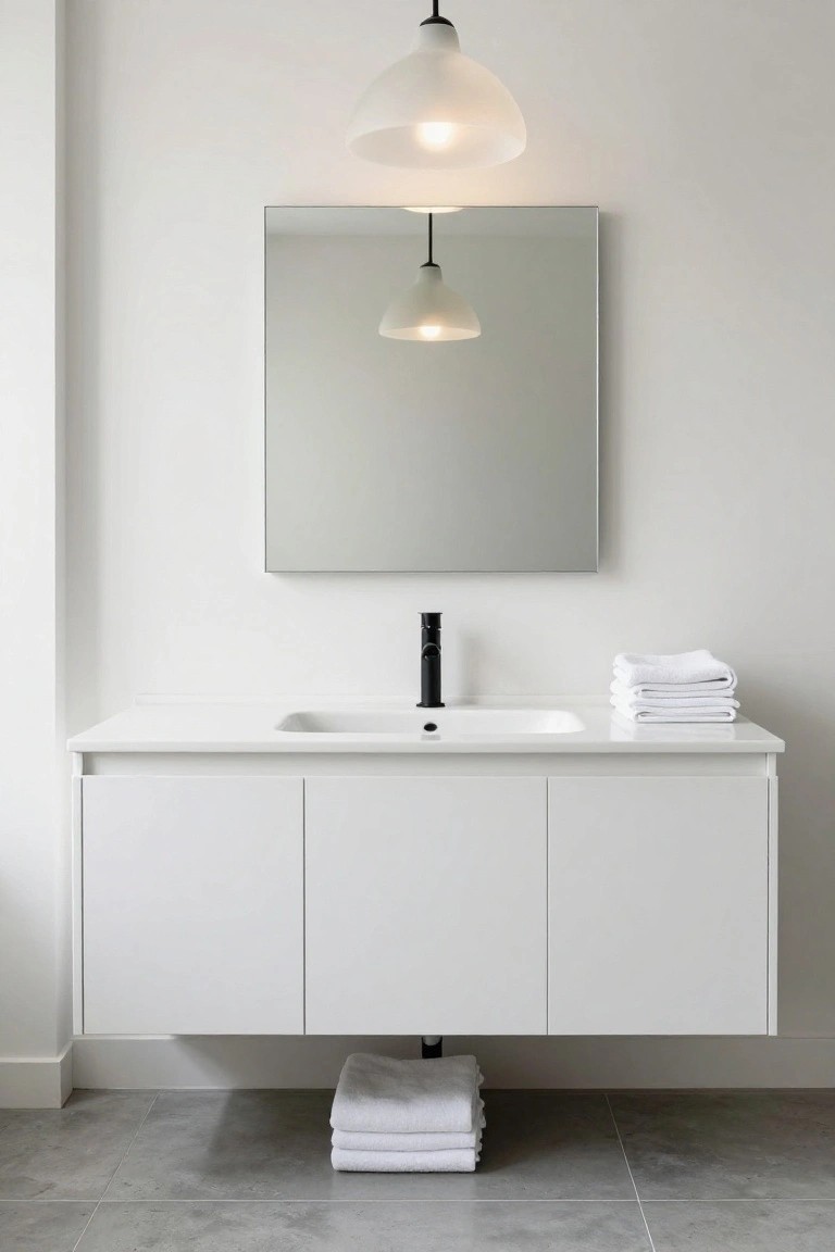 Modern white bathroom vanity cabinet with undermount sink, black faucet, rectangular mirror above, centered frosted glass pendant light hanging over the sink, stacked white towels on counter and floor, gray tile floor.